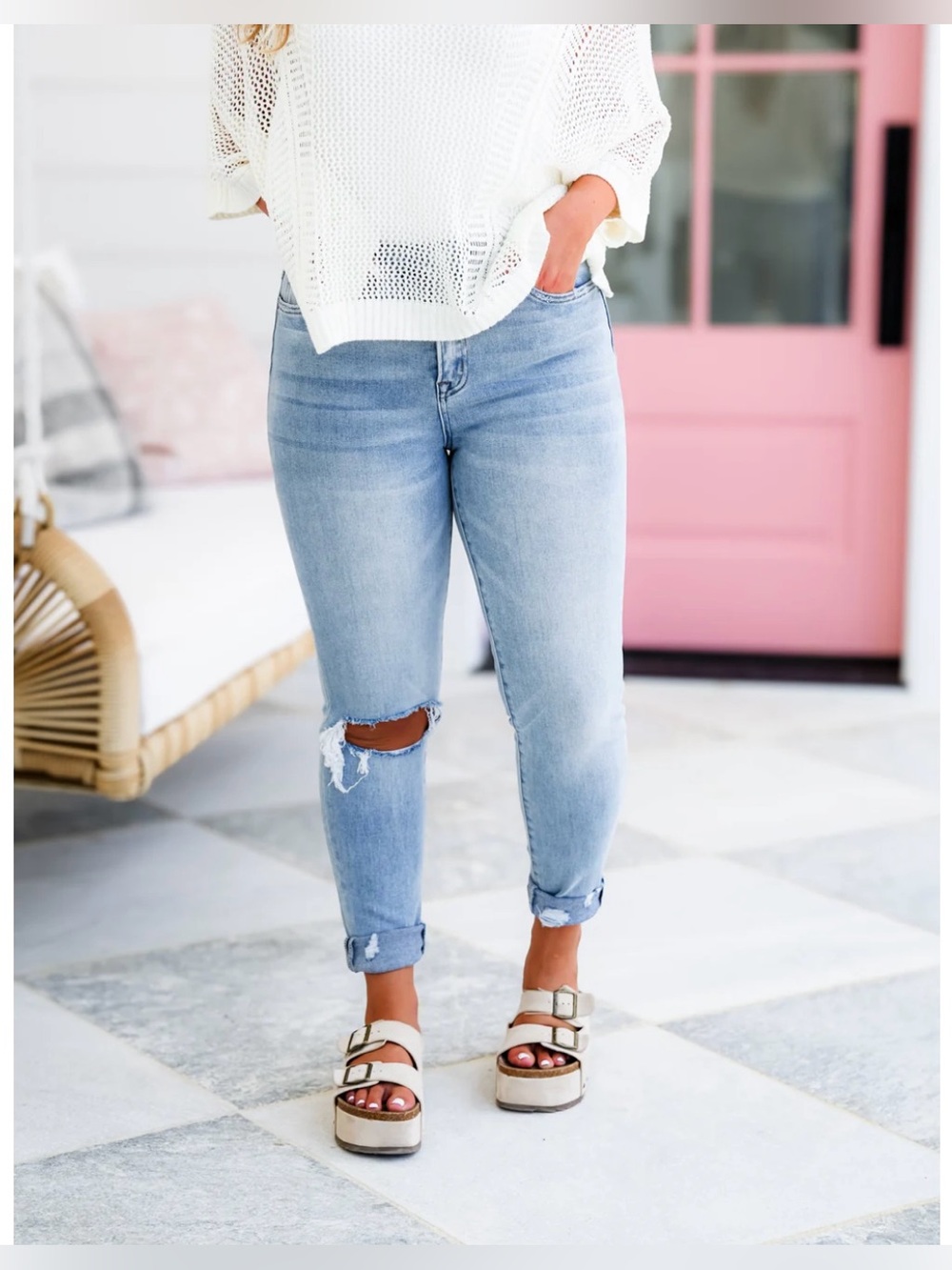 🟤NWT VERVET Plus Mid Rise Double Cuff Stretch Cropped Jeans in Light Wash